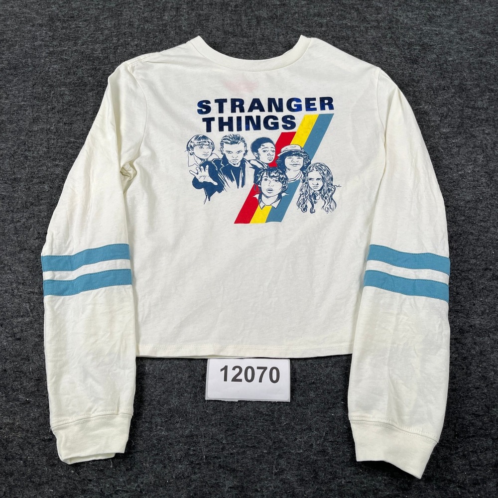 Stranger Things Crop Shirt Womens Small White Cotton Graphic Print Crew Neck